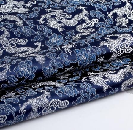 Navy blue  brocade fabric, silver dragons fabric,  jacquard fabric, dragon style brocade fabric, cosplay dress fabric, by the yard