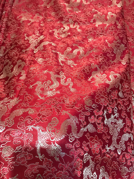 Red color brocade fabric with golden dragon pattern, jacquard fabric, Cosplay fabric, by the yard