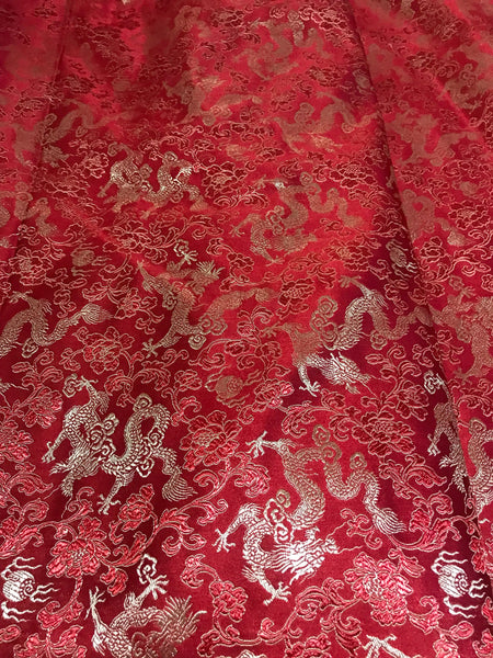 Red color brocade fabric with golden dragon pattern, jacquard fabric, Cosplay fabric, by the yard