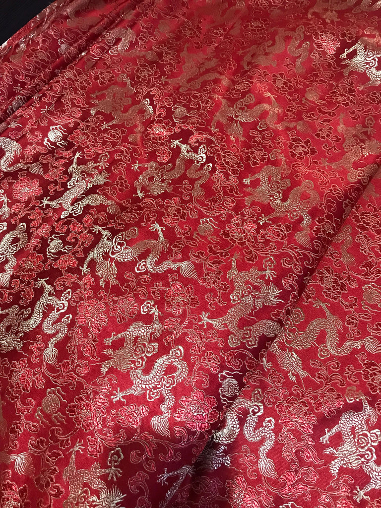 Red color brocade fabric with golden dragon pattern, jacquard fabric, Cosplay fabric, by the yard