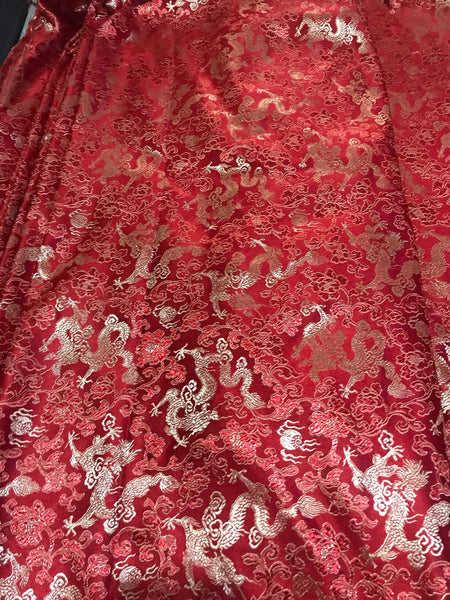 Red color brocade fabric with golden dragon pattern, jacquard fabric, Cosplay fabric, by the yard