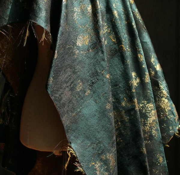 Hunter green and gold color jacquard fabric, Spring dress fabric,  glossy jacquard fabric, by the yard
