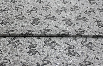 Off-white grey color brocade fabric, jacquard fabric, silver black color dragon fabric, by the yard