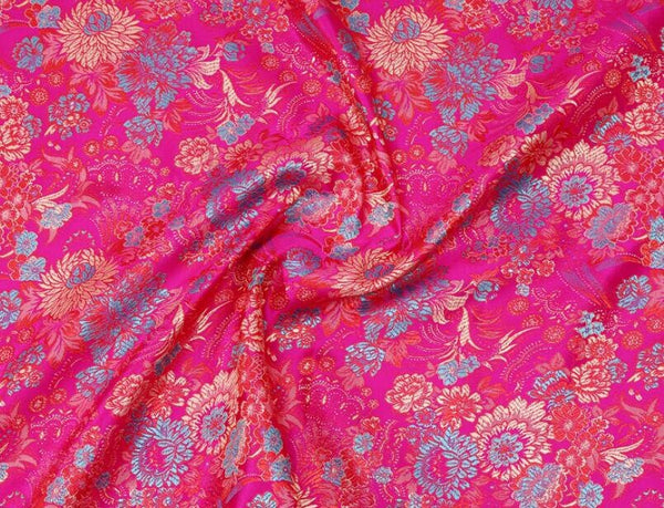 Rose red with blue gold flower Chinese style jacquard fabric, brocade fabric, plum blossom fabric, by the yard-29inches wide
