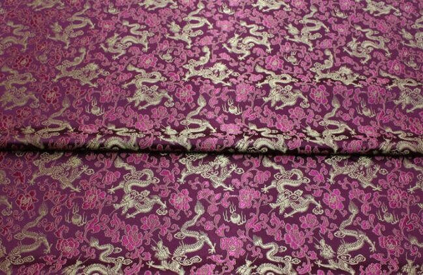 Purple red color brocade fabric, jacquard fabric, gold dragon style brocade fabric, cosplay dress fabric, by the yard
