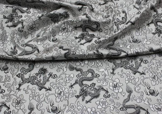 Off-white grey color brocade fabric, jacquard fabric, silver black color dragon fabric, by the yard