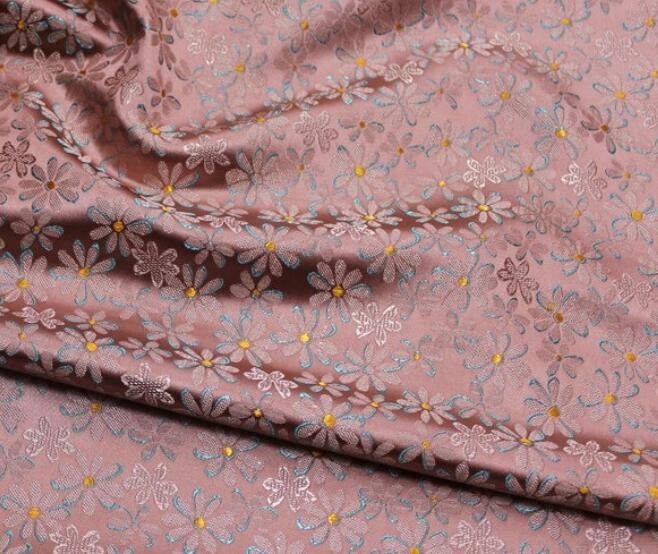 Pink color brocade fabric with daisy pattern, jacquard fabric, by the yard