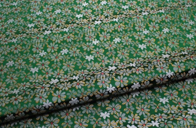 Dark green color brocade fabric with daisy pattern, jacquard fabric, by the yard
