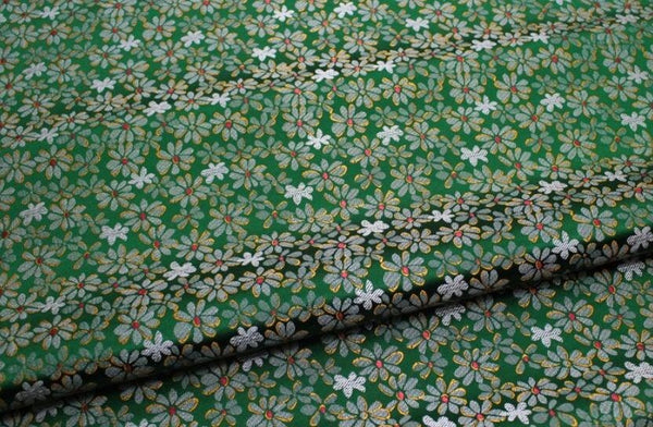 Dark green color brocade fabric with daisy pattern, jacquard fabric, by the yard
