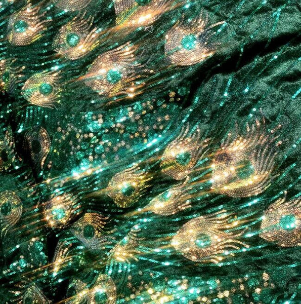 High quality peacock feather sequin fabric, embroidered feather fabric, velvet fabric, by the yard