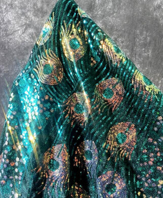 High quality peacock feather sequin fabric, embroidered feather fabric, velvet fabric, by the yard