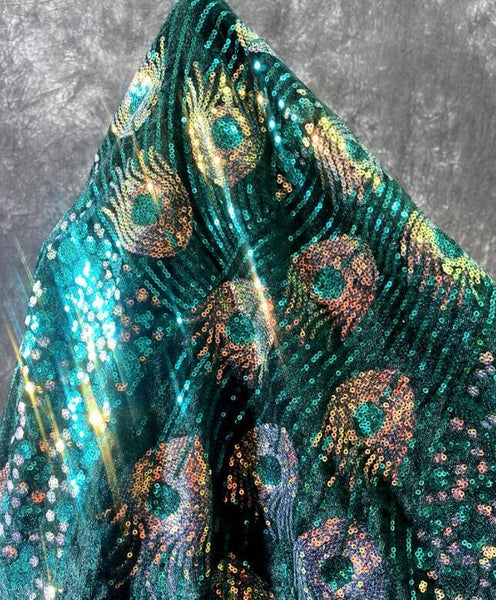 High quality peacock feather sequin fabric, embroidered feather fabric, velvet fabric, by the yard