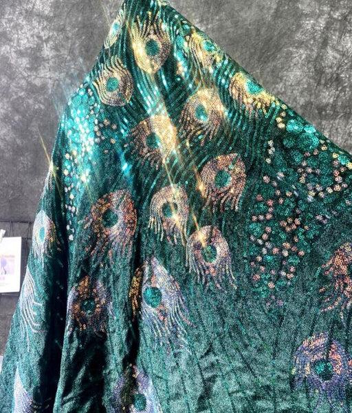 High quality peacock feather sequin fabric, embroidered feather fabric, velvet fabric, by the yard