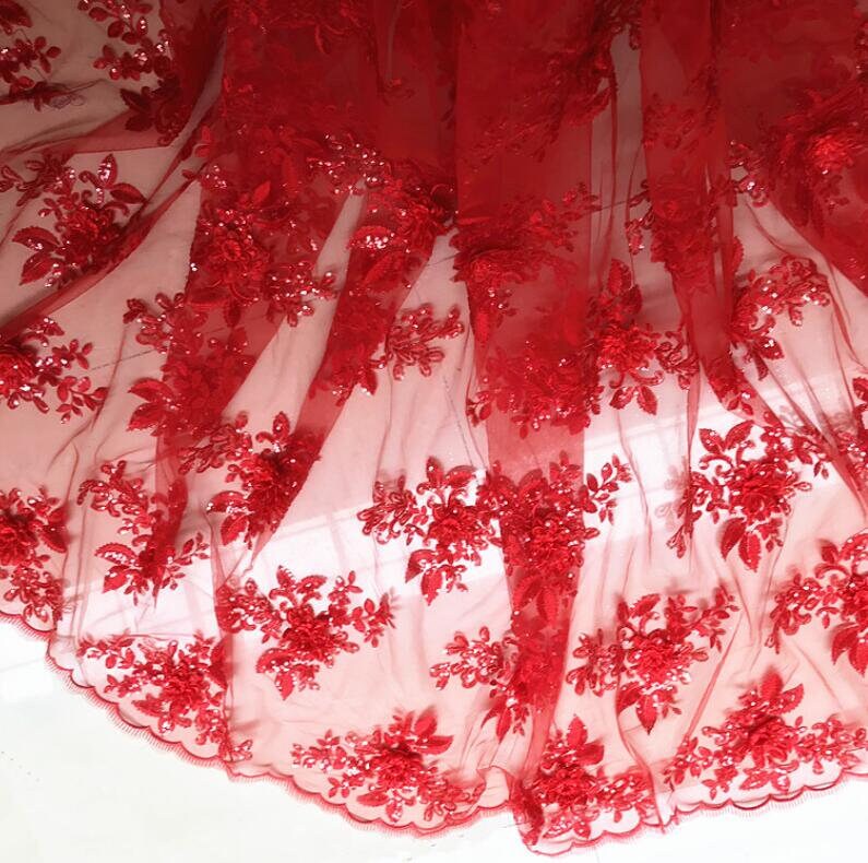 Red lace fabric, mesh embroidered sequins flower fabric, wedding lace fabric, cosplay dress fabric, by the yard