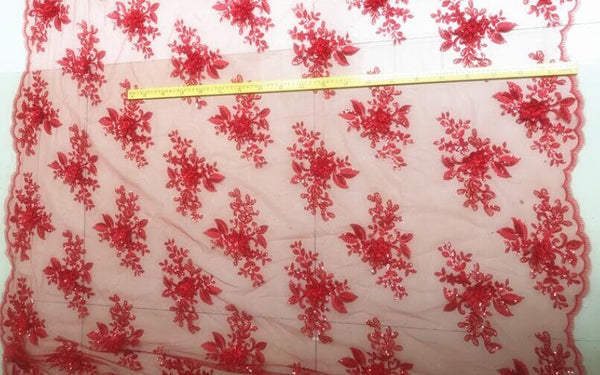 Red lace fabric, mesh embroidered sequins flower fabric, wedding lace fabric, cosplay dress fabric, by the yard