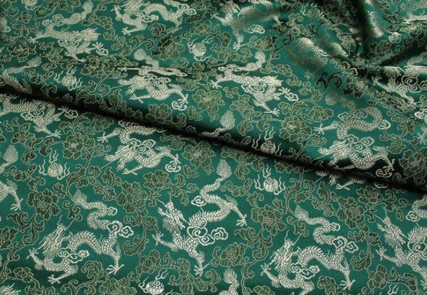 Dark green color brocade fabric, jacquard fabric, gold color dragon style brocade fabric, cosplay dress fabric, by the yard