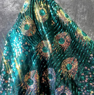 High quality peacock feather sequin fabric, embroidered feather fabric, velvet fabric, by the yard