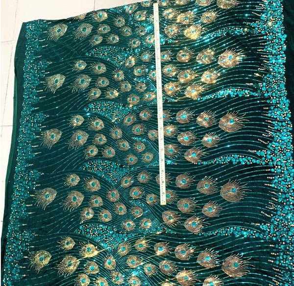 High quality peacock feather sequin fabric, embroidered feather fabric, velvet fabric, by the yard