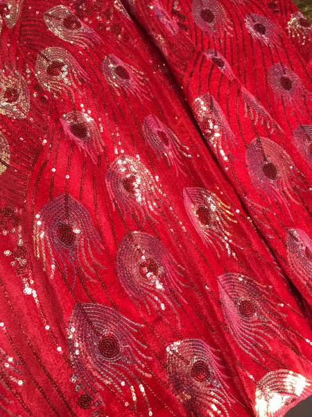 High quality red color peacock feather sequin fabric, embroidered feather fabric, velvet fabric, by the yard