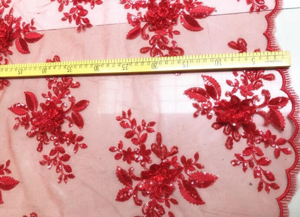 Red lace fabric, mesh embroidered sequins flower fabric, wedding lace fabric, cosplay dress fabric, by the yard