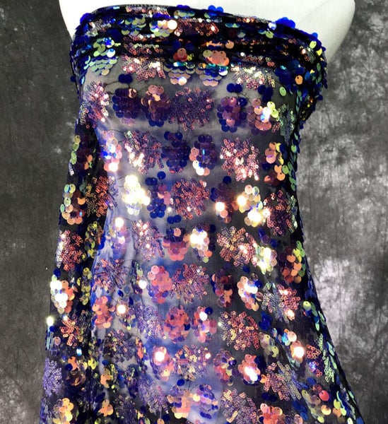 Color sequins fabric, mesh embroidered flower fabric, performance fabric, fabric by the yard
