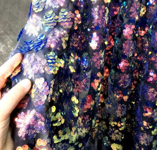 Color sequins fabric, mesh embroidered flower fabric, performance fabric, fabric by the yard