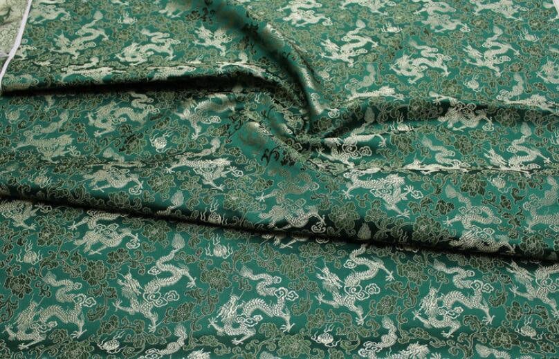 Dark green color brocade fabric, jacquard fabric, gold color dragon style brocade fabric, cosplay dress fabric, by the yard
