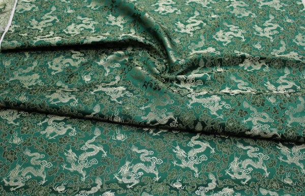 Dark green color brocade fabric, jacquard fabric, gold color dragon style brocade fabric, cosplay dress fabric, by the yard