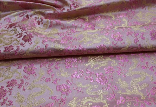 Pink gold color brocade fabric, jacquard fabric, gold color dragon style brocade fabric, cosplay dress fabric, by the yard