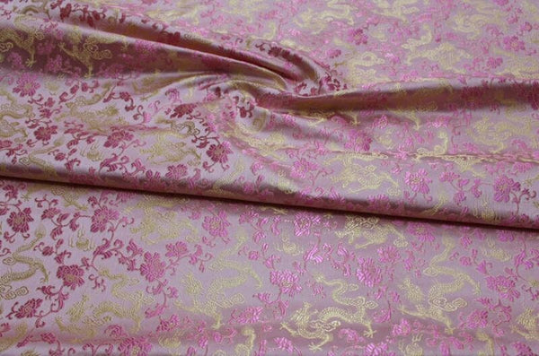 Pink gold color brocade fabric, jacquard fabric, gold color dragon style brocade fabric, cosplay dress fabric, by the yard