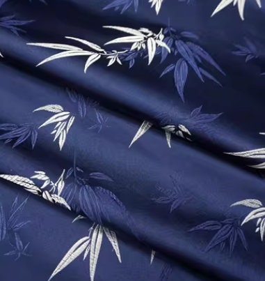 Navy blue brocade fabric, jacquard fabric, bamboo style brocade fabric, fabric by the yard