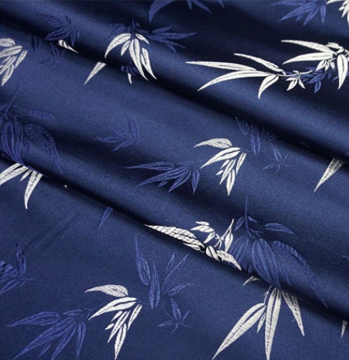 Navy blue brocade fabric, jacquard fabric, bamboo style brocade fabric, fabric by the yard