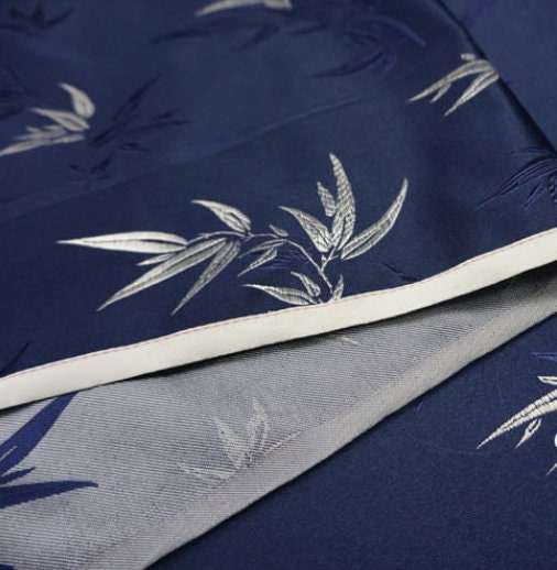 Navy blue brocade fabric, jacquard fabric, bamboo style brocade fabric, fabric by the yard