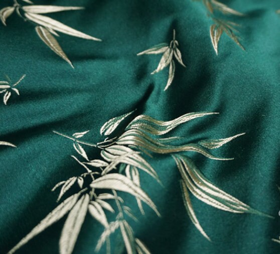 Dark green color brocade fabric, jacquard fabric, bamboo style brocade fabric, fabric by the yard