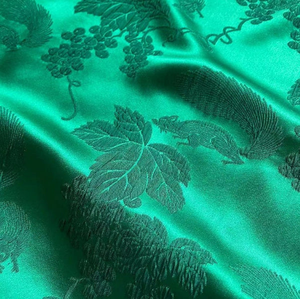 Dark green color fabric, silk jacquard fabric, animal and flower fabric, by the yard