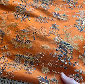 Orange color fabric, silk jacquard fabric, by the yard