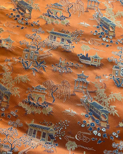Orange color fabric, silk jacquard fabric, by the yard