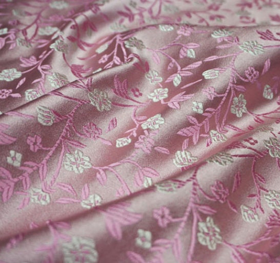 Pink white flower brocade fabric, jacquard fabric, fabric by the yard