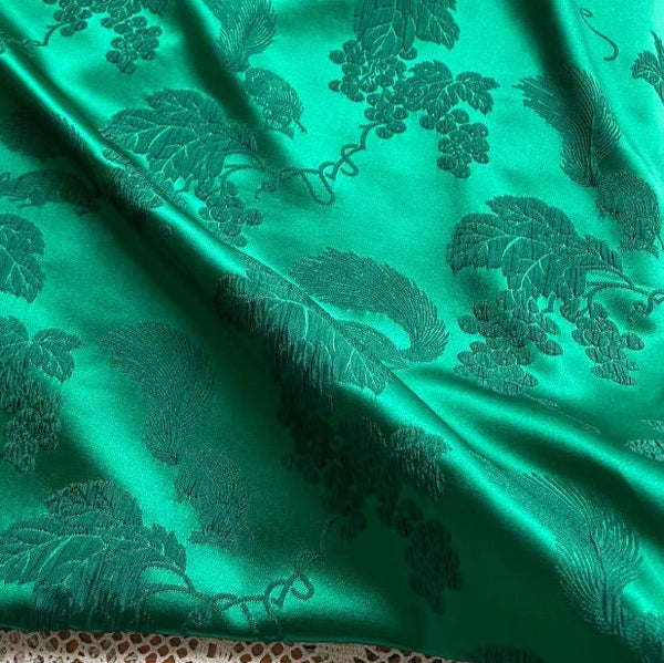 Dark green color fabric, silk jacquard fabric, animal and flower fabric, by the yard