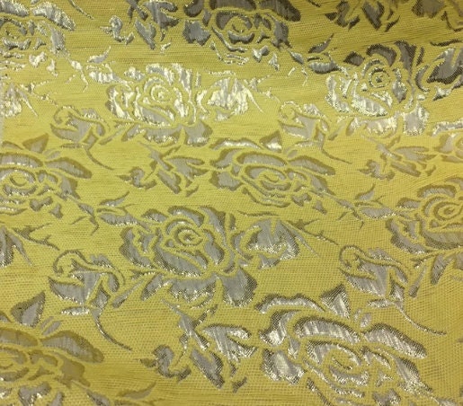 Bright yellow color brocade fabric with rose pattern, jacquard fabric, cosplay dress fabric, by the yard