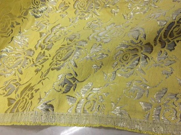 Bright yellow color brocade fabric with rose pattern, jacquard fabric, cosplay dress fabric, by the yard