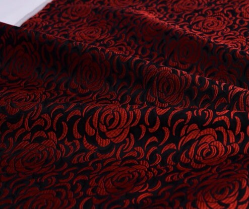 Red black color brocade fabric with rose pattern, jacquard fabric, cosplay dress fabric, by the yard