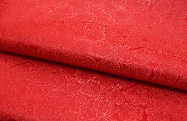 Red color brocade fabric with rose pattern, jacquard fabric, cosplay dress fabric, by the yard