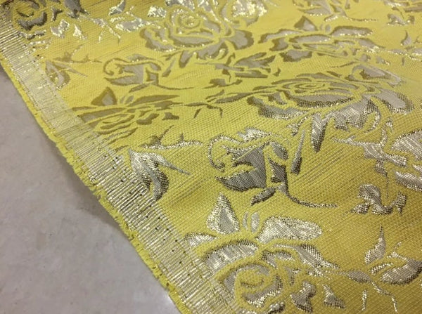 Bright yellow color brocade fabric with rose pattern, jacquard fabric, cosplay dress fabric, by the yard