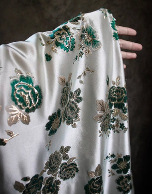 Off white jacquard, green gold flower jacquard fabric, wedding dress fabric