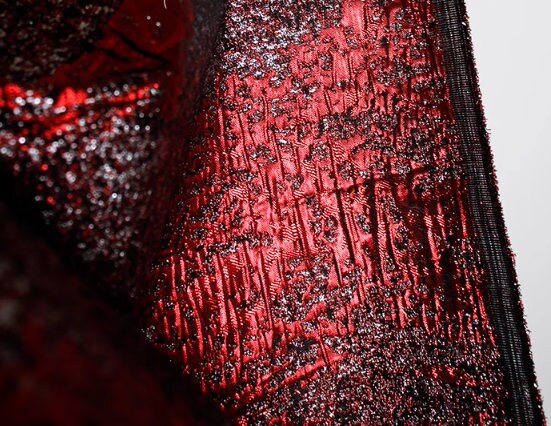 Glossy texture jacquard fabric, red black silver color coat pants fabric