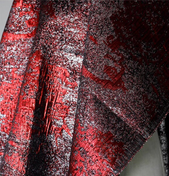 Glossy texture jacquard fabric, red black silver color coat pants fabric