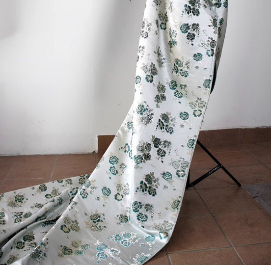 Off white jacquard, green gold flower jacquard fabric, wedding dress fabric