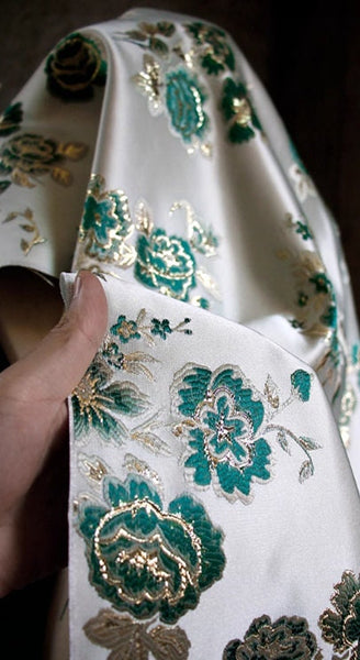 Off white jacquard, green gold flower jacquard fabric, wedding dress fabric