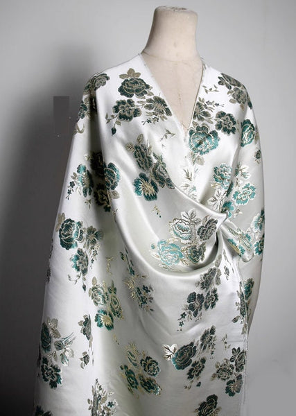 Off white jacquard, green gold flower jacquard fabric, wedding dress fabric